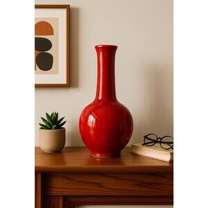 Italy 1960s Red Glazed Tall Vase Glossy Rosso Lava Oxblood Style, 2.5x12”